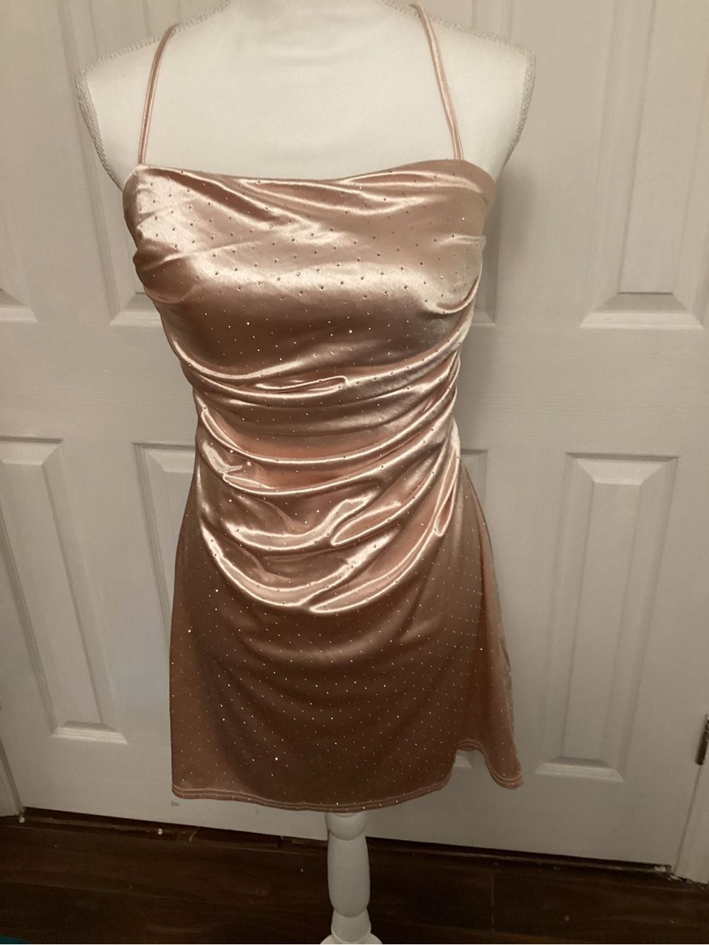 AKIRA Blush Pink Satin Mini Dress with Rhinestone Dots